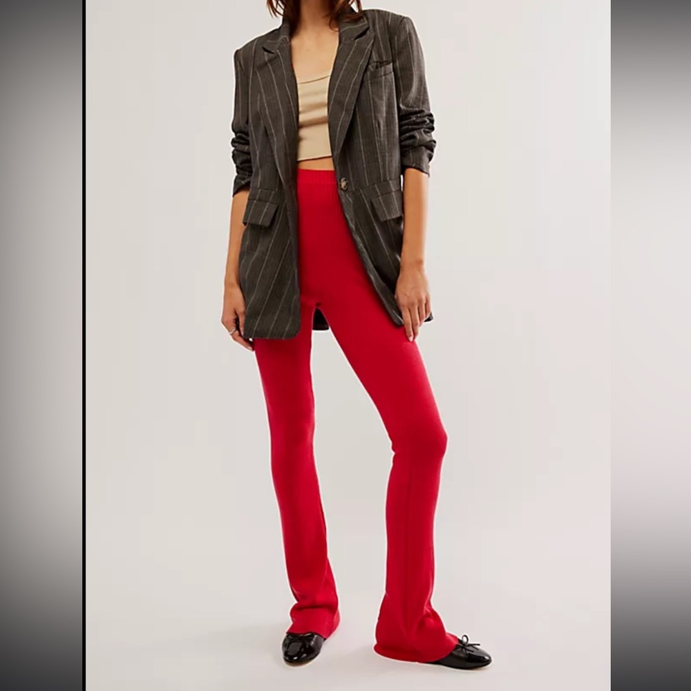 Free People Golden Hour Knit High-Rise Ribbed Flare Pants Red Berry XS-S